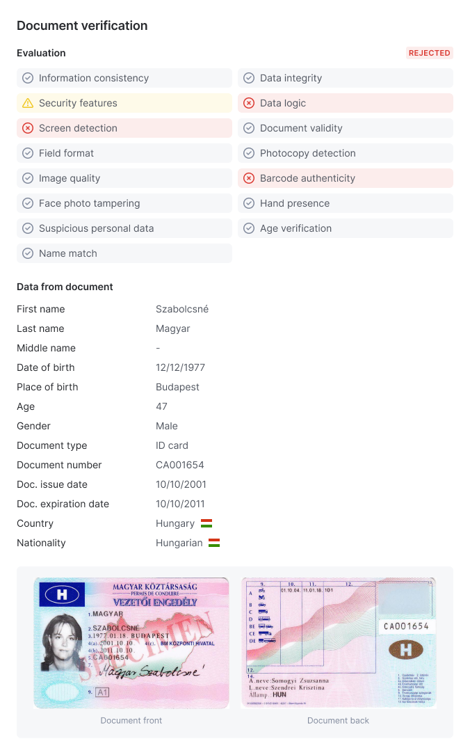 Document verification result panel in SEON showing a rejected evaluation with pass, warning and fail check statuses, the data extracted from a Hungarian ID card, and the document front and back images