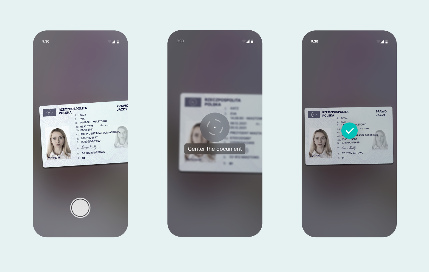 Three phone screens of the document capture flow: a driving licence held off-centre, a "Center the document" prompt over a blurred document, and a successful capture with a green checkmark