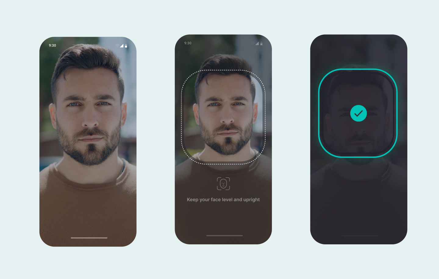 Three phone screens of the liveness check: the camera view of a user's face, a face-shaped frame with the "Keep your face level and upright" prompt, and a successful capture with a green checkmark