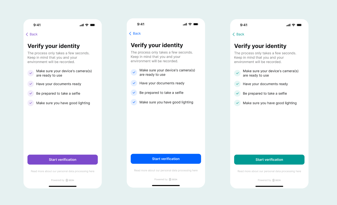 Three mobile mockups of the "Verify your identity" start screen, each using a different brand accent color (purple, blue, teal)