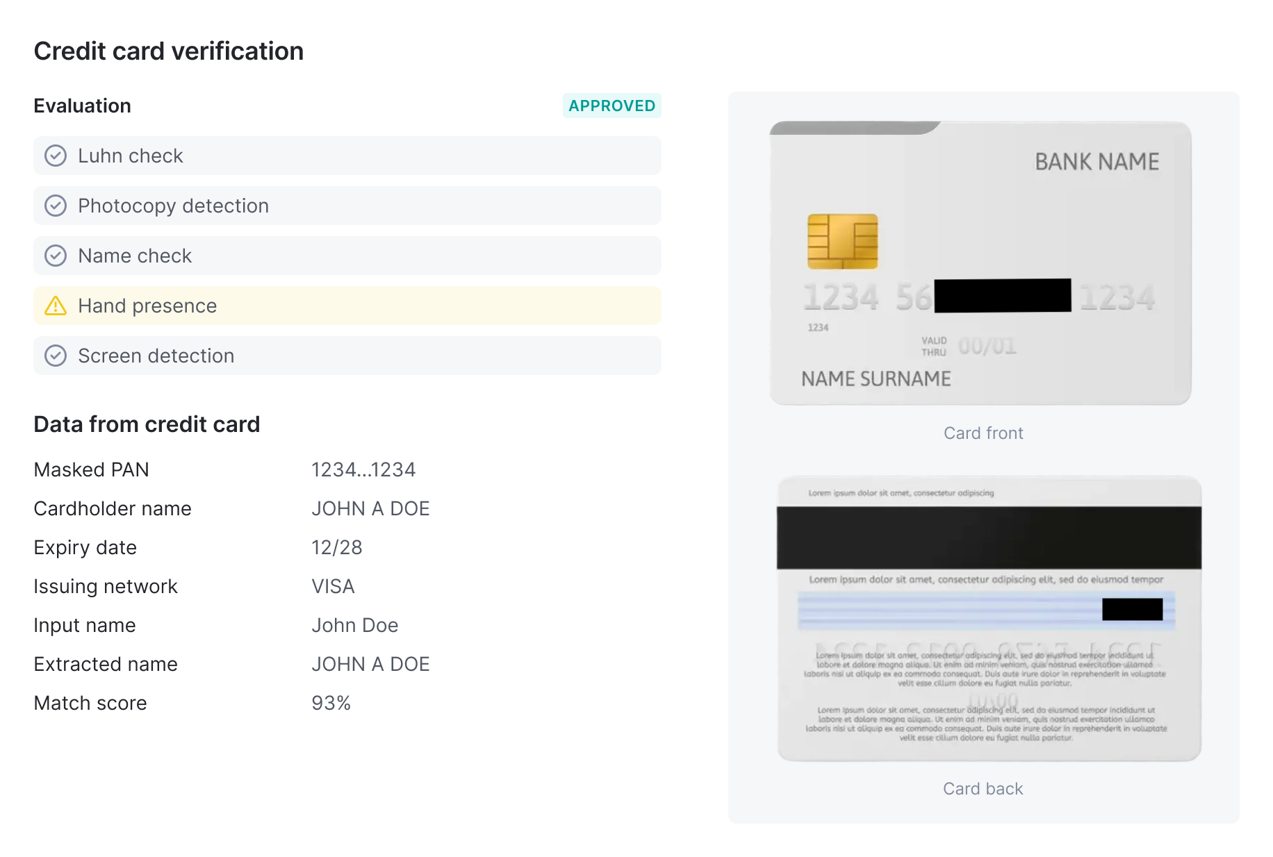 Credit card verification result panel showing an APPROVED evaluation with Luhn check, photocopy detection, name check, hand presence and screen detection results, extracted card data, and the card front and back images