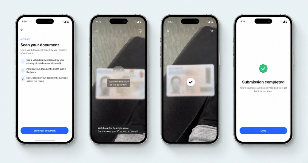 Four mobile SDK screens of the document capture flow: scan instructions, guided front-side capture with glare warning, successful capture, and submission completed