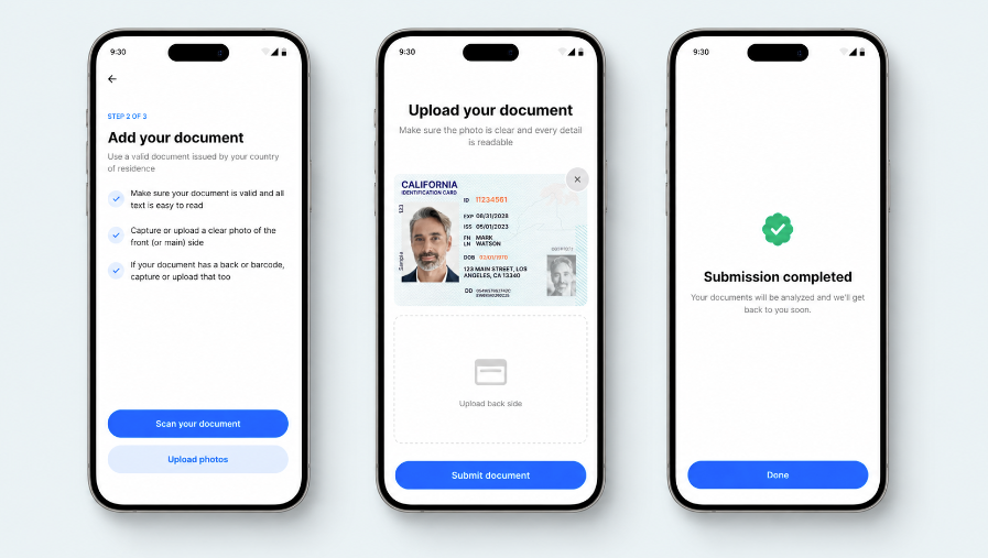 Three mobile SDK screens of the document upload flow: choosing between scanning or uploading photos, the upload screen with a front image added and a back-side upload slot, and submission completed