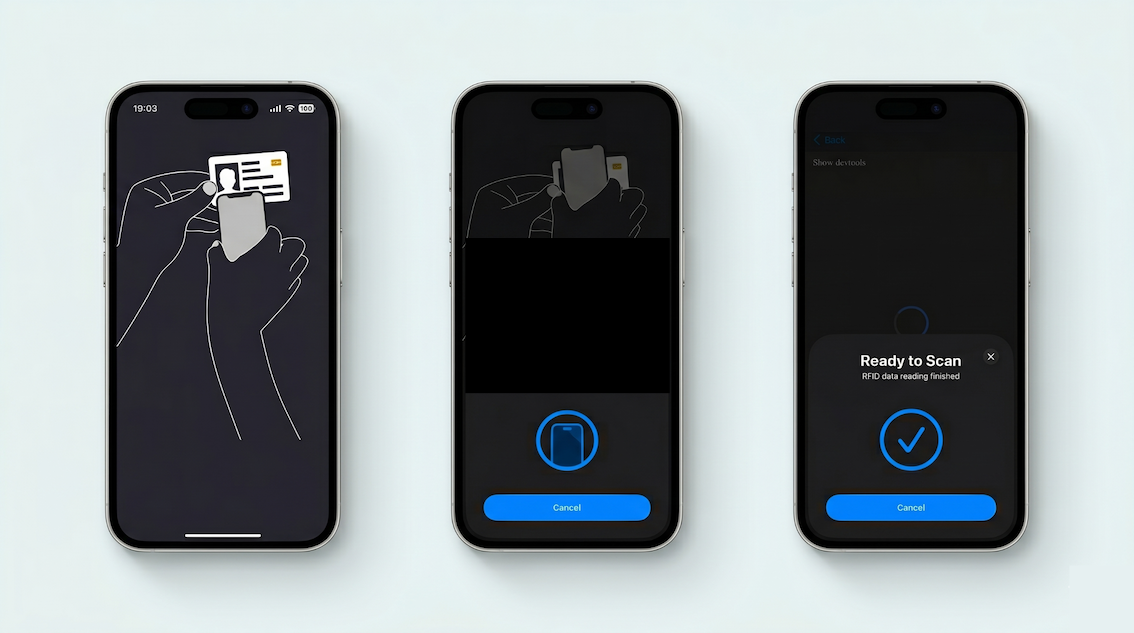 Three phone screens of the NFC reading flow: an illustration of holding the phone against the ID card, the scanning screen, and a Ready to Scan confirmation that RFID data reading finished